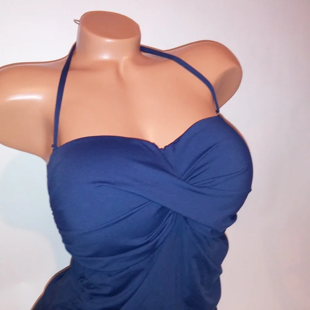 Anne Cole Swim One Piece Size 14 Solid Navy Blue Halter Scrunch Lightly Lined